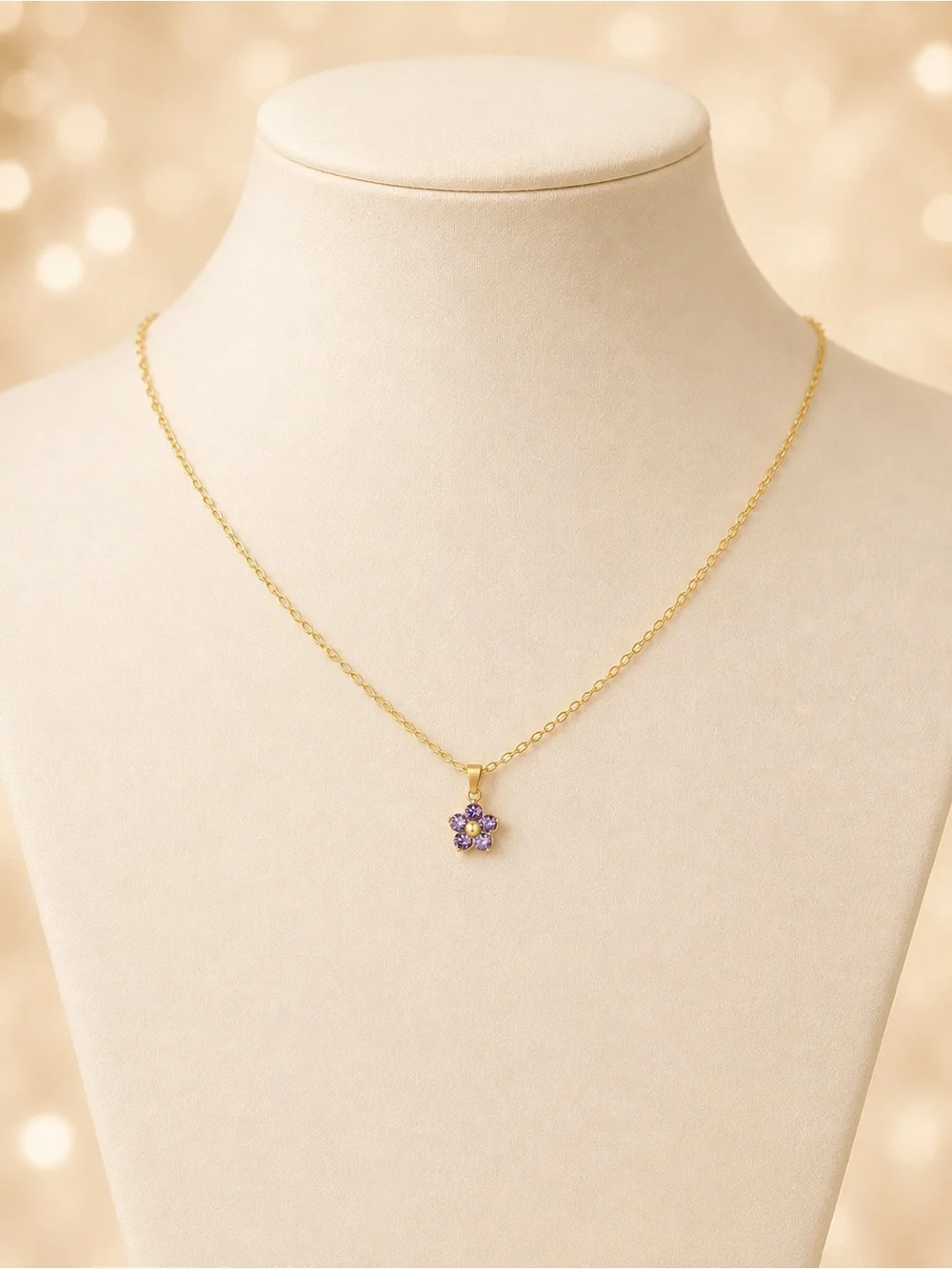 Purple Cubic Zirconia Flower Necklace 18K Gold Plated Stainless Steel